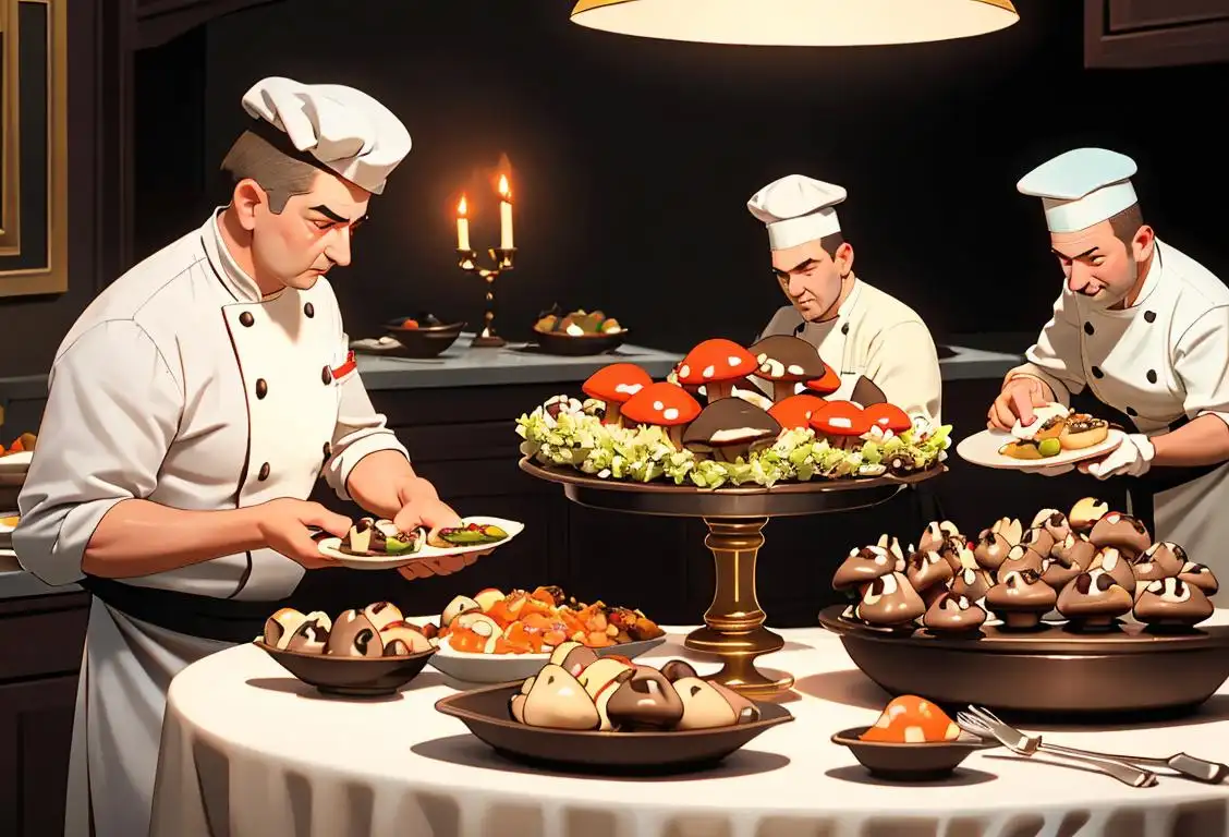 Chefs preparing a platter of stuffed mushrooms with elegant presentation, wearing chef hats, in a professional kitchen..