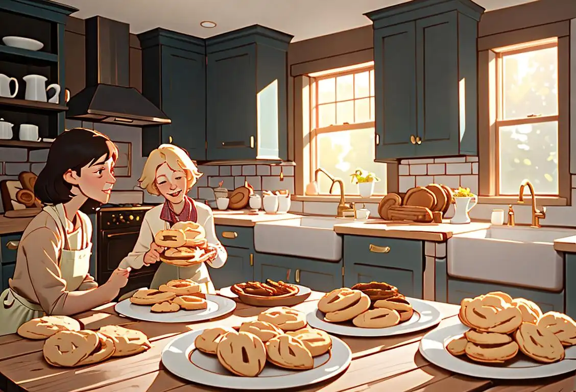 Group of people happily sharing a plate of freshly baked biscuits in a cozy kitchen with a farmhouse aesthetic..