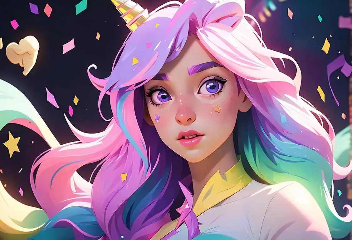 A young girl in a sparkly unicorn costume, surrounded by colorful confetti and a magical forest backdrop..