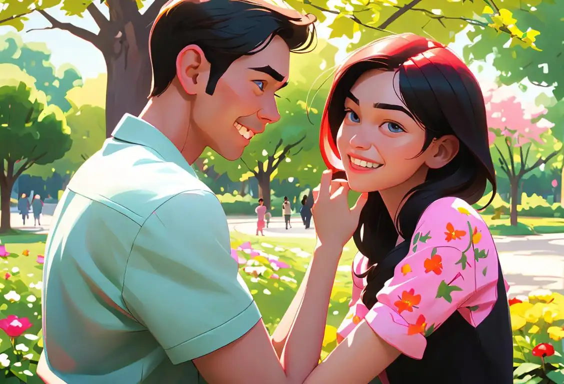 Young woman and man in casual clothing, playful smile, embracing each other in a park filled with colorful flowers..