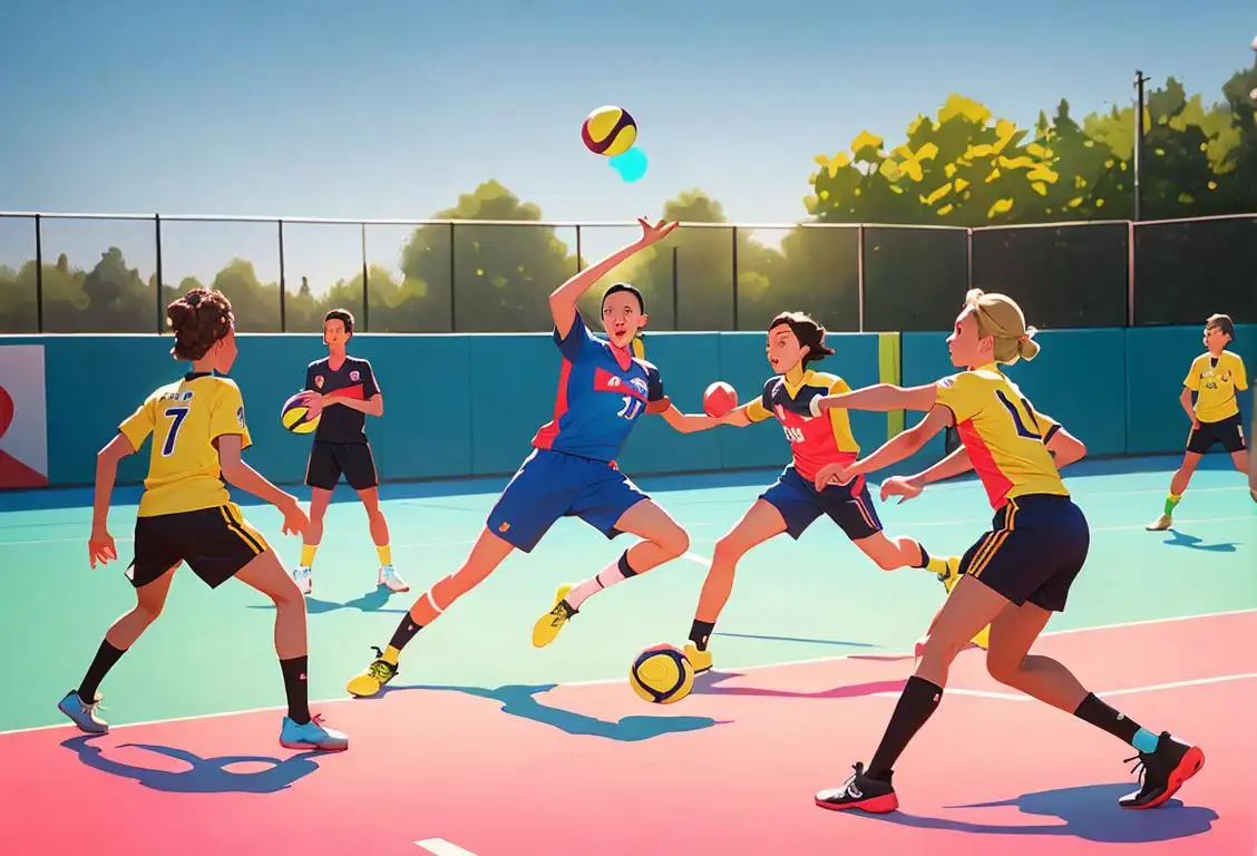 A diverse group of people playing handball in a vibrant outdoor court, sporting colorful team jerseys and sneakers..