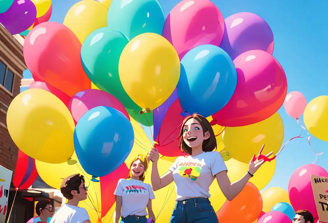 Vibrant campaign volunteers in matching t-shirts, holding signs, surrounded by colorful balloons, and smiling faces in a festive outdoor setting..