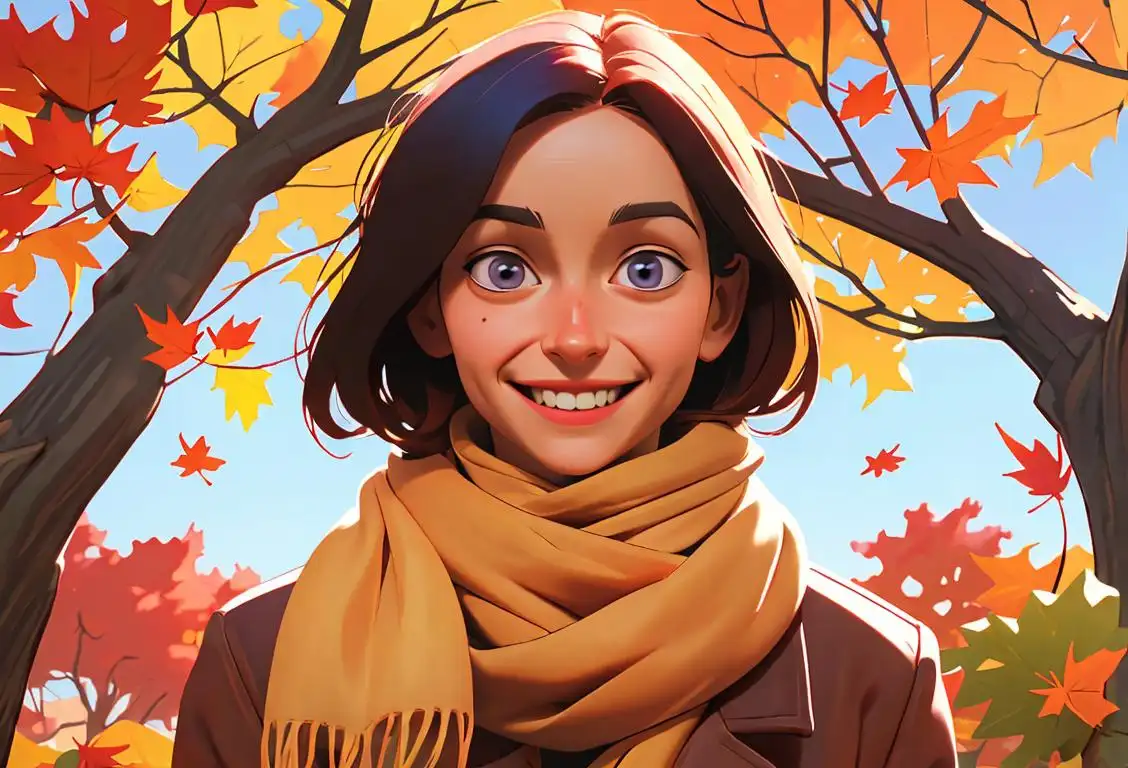 A person with a smile on their face wearing a colorful scarf, surrounded by falling leaves in a cozy autumn setting..