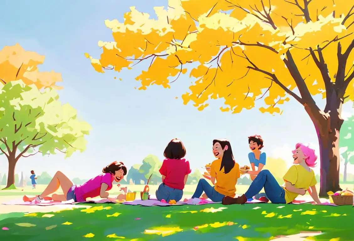 A group of friends laughing and enjoying a picnic, wearing colorful and mismatched clothes, on a sunny day in a park..