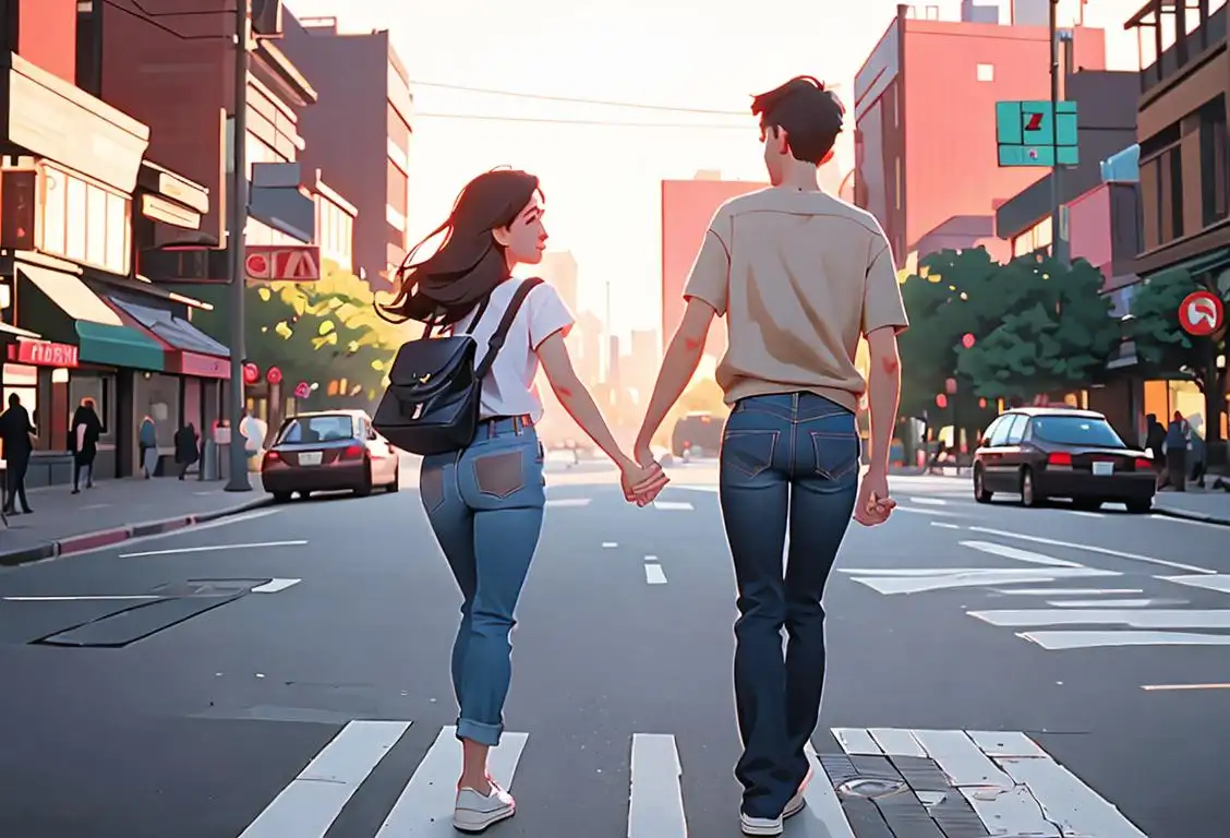 Two friends holding hands with one pulling away, wearing modern casual attire, urban city backdrop..