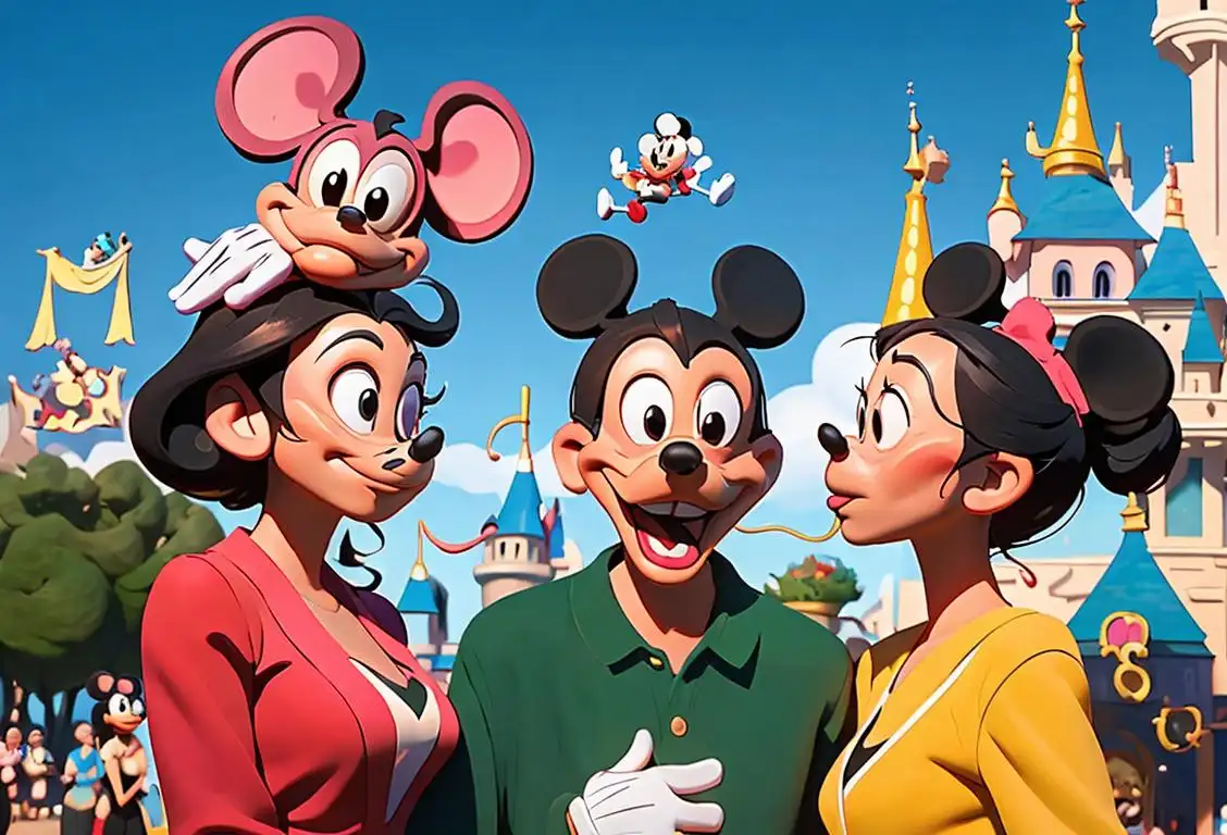 A joyful group of people wearing Mickey Mouse ears, surrounded by enchanting Disney characters, in a whimsical theme park setting..