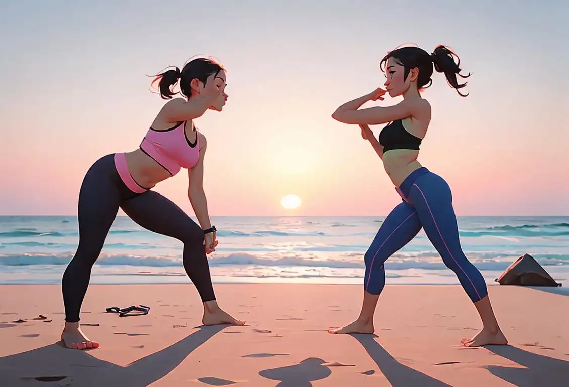 Fit couple in matching gym outfits, doing yoga poses on a beach at sunrise..