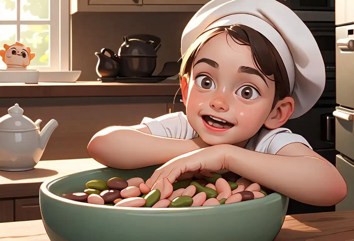 A joyful child dressed as a bean, wearing a chef's hat, surrounded by beans in a cozy kitchen..