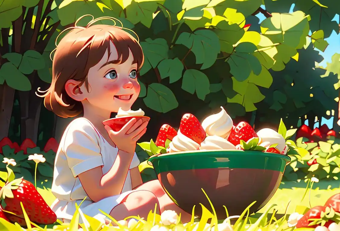 A smiling child dressed in a summer outfit, holding a bowl of strawberries and cream, enjoying a sunny picnic in a lush green park..