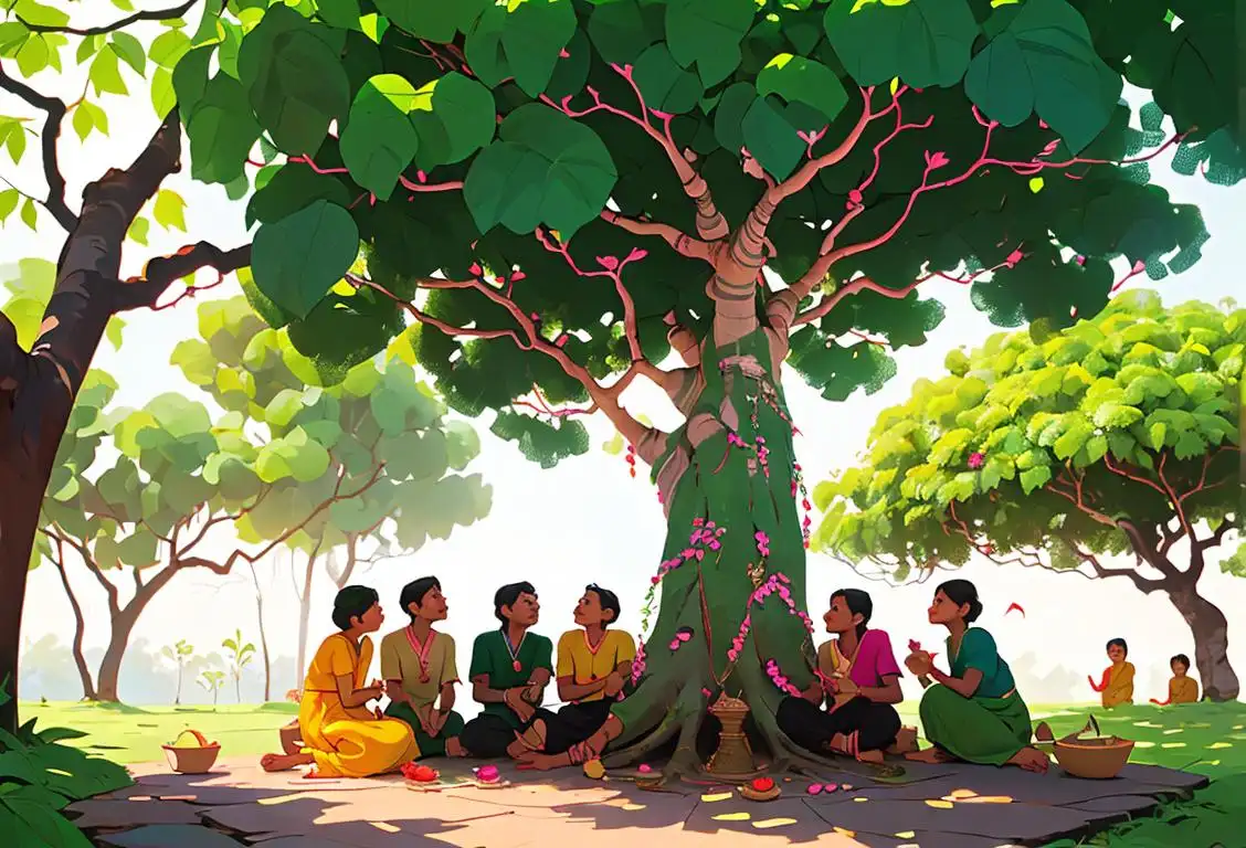 A group of villagers in colorful traditional attire, gathered under a banyan tree, engaging in discussions and decision-making, showcasing the spirit of Panchayati Raj..