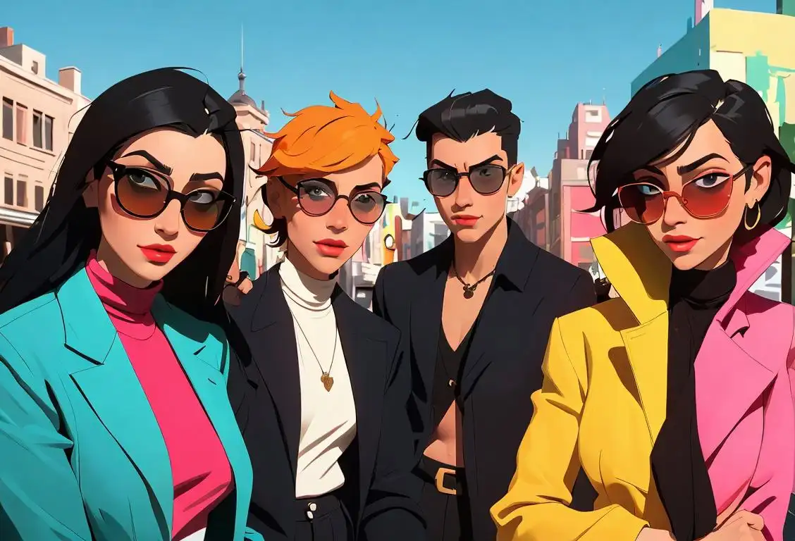 A group of stylish individuals wearing a variety of sunglasses, posing against a colorful urban backdrop.