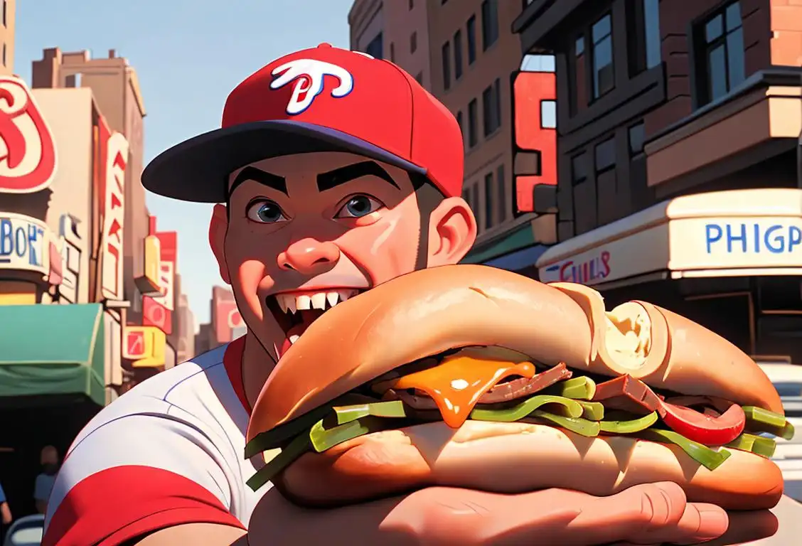 A person joyfully biting into a cheesesteak, wearing a Phillies baseball cap, vibrant city street backdrop..