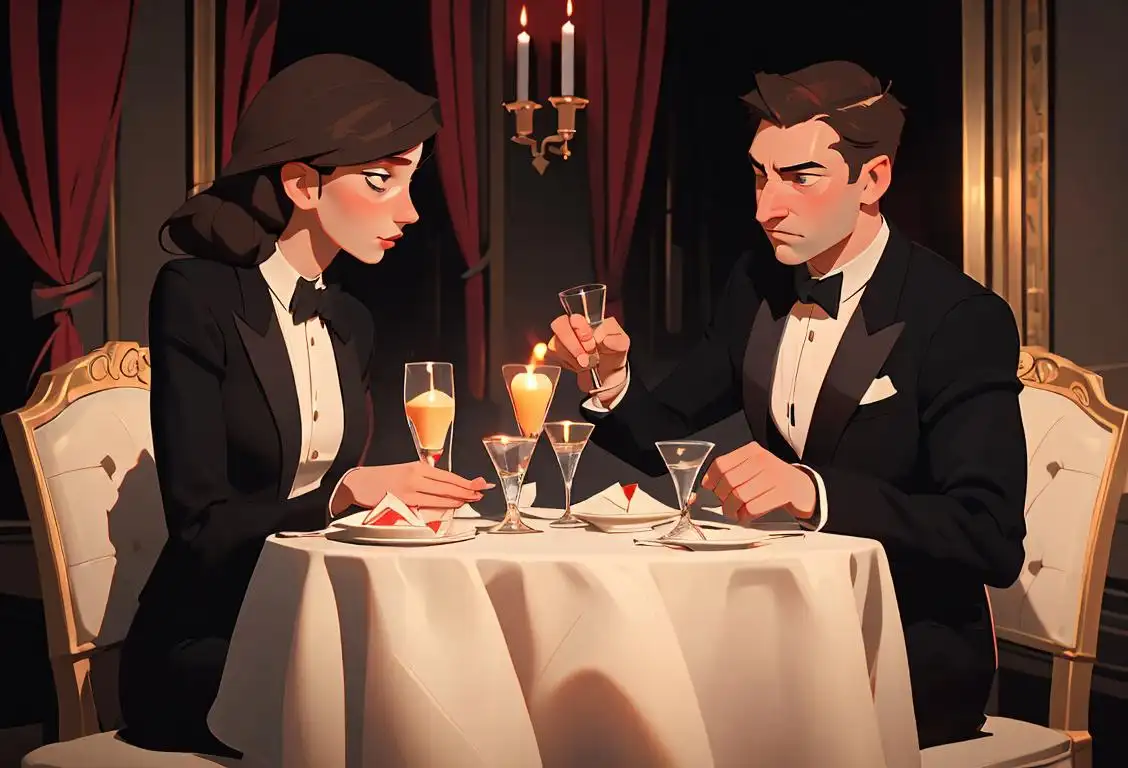 Young couple toasting with vodka glasses, dressed in elegant attire, in a romantic candlelit setting..