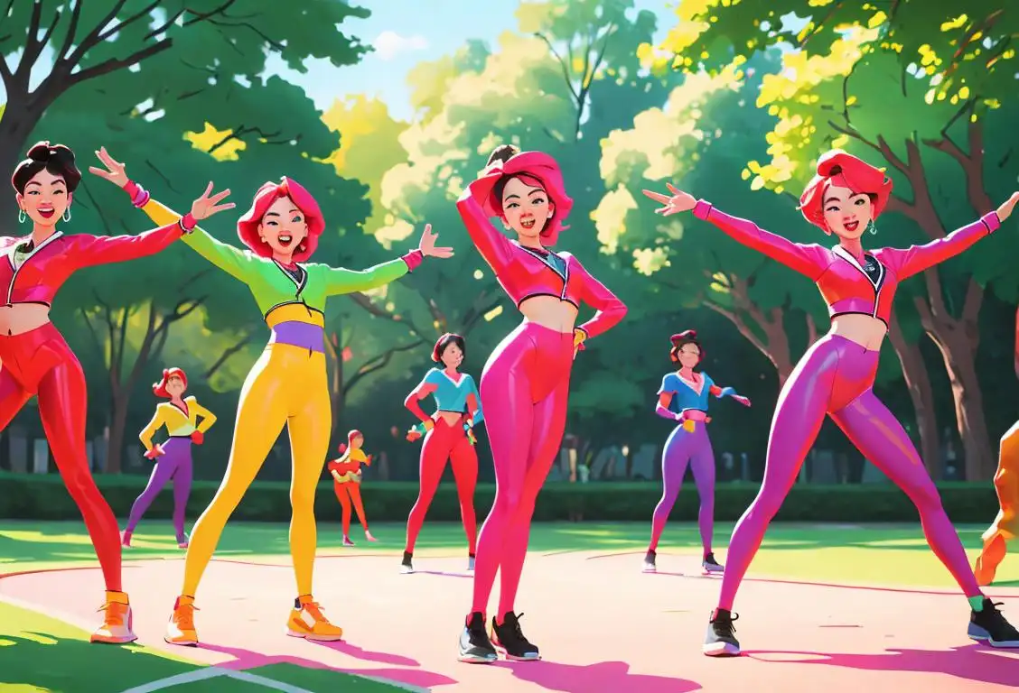A group of people performing synchronized dance moves, wearing colorful outfits, in a park with vibrant scenery..