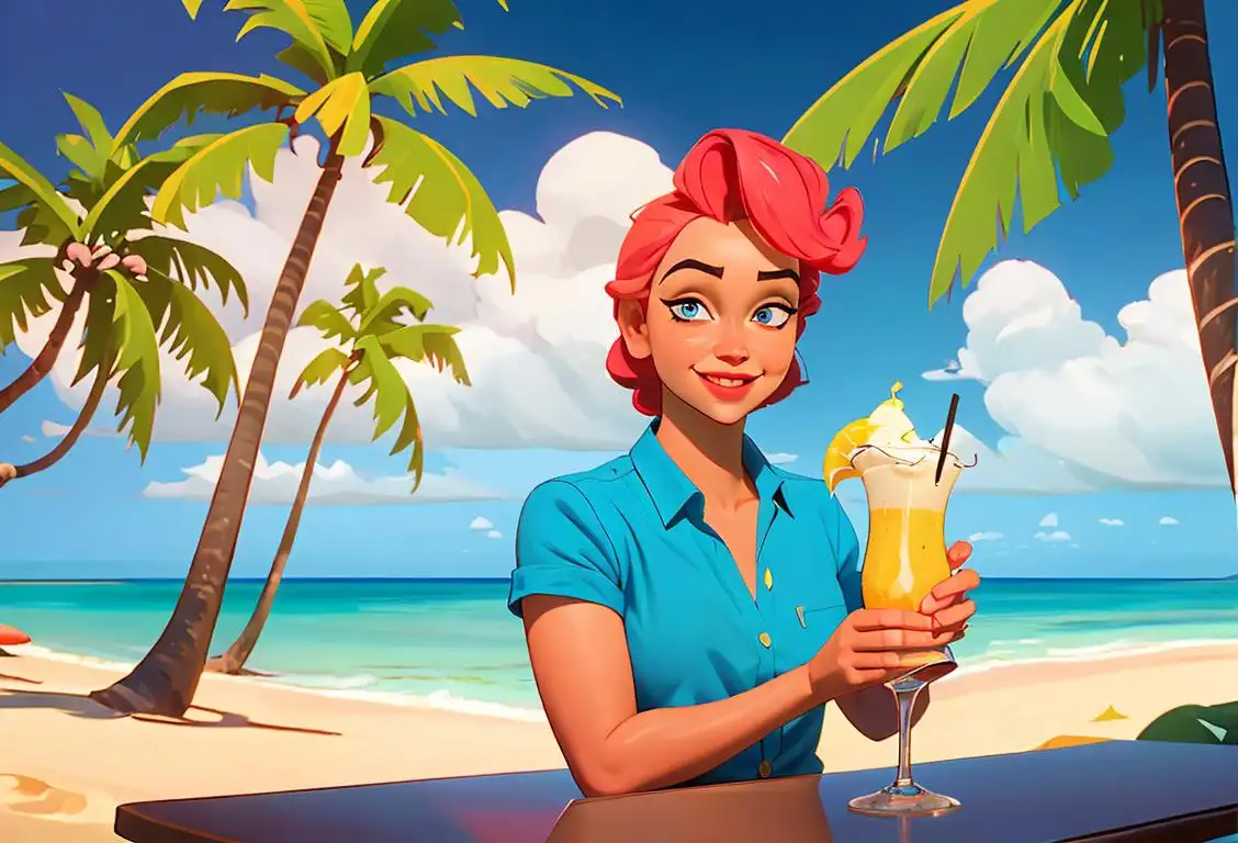 Cheerful bartender shaking a frosty pitcher of daiquiris, wearing a Hawaiian shirt, tropical beach scene with palm trees..