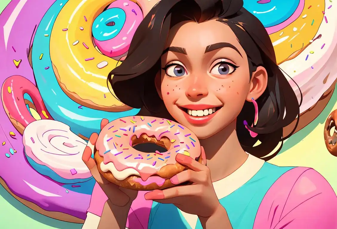 Young girl with a big smile, eating a colorful donut and holding an ice cream cone, in a vibrant candy shop.
