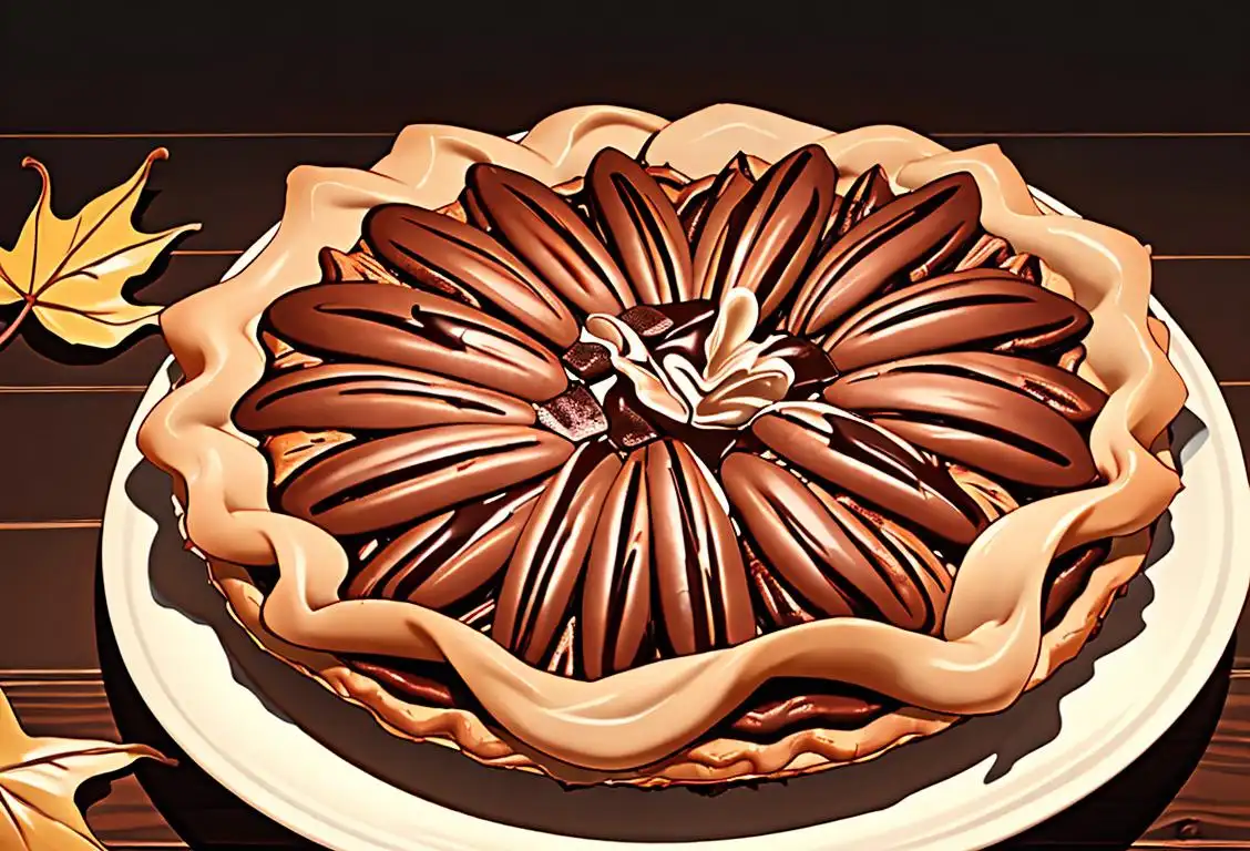 A slice of chocolate pecan pie on a rustic wooden table, surrounded by pecan halves and drizzled with rich melted chocolate. Decorative fall leaves complete the cozy scene..