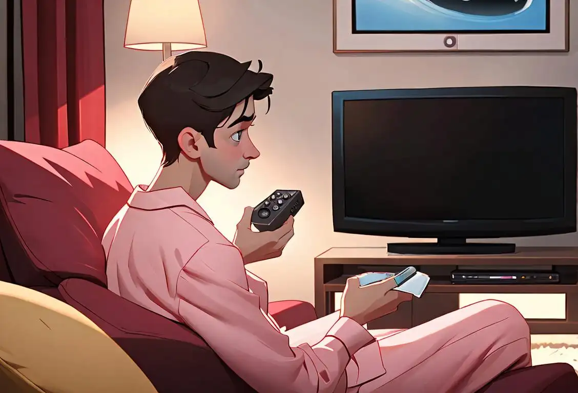 Young man watching television with excitement, wearing pajamas, surrounded by a cozy living room setting..