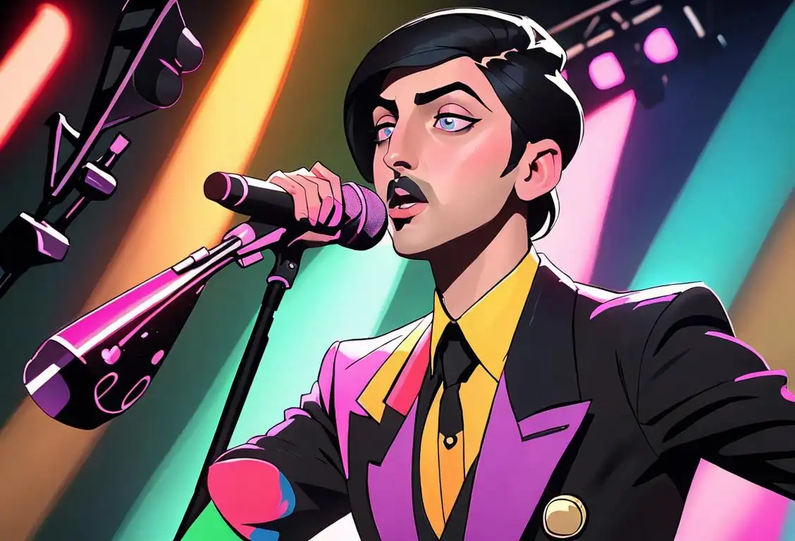 Mitch Grassi dressed in a stylish outfit, surrounded by vibrant colors, performing on stage with a microphone, capturing the essence of his incredible talent..