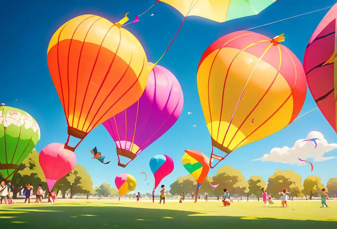 A group of diverse individuals flying kites on a sunny day at a park, wearing vibrant and casual outfits, creating a joyful and colorful scene..