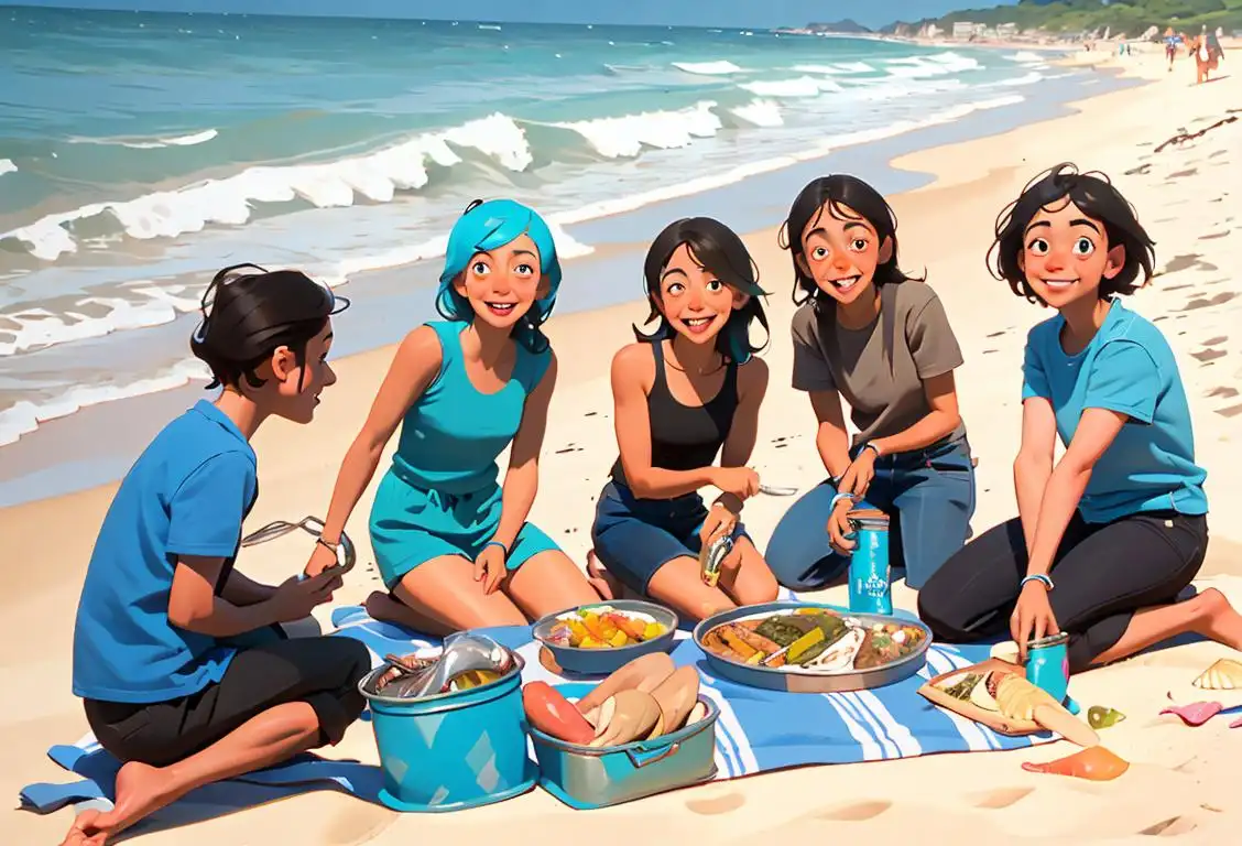 A group of friends enjoying a picnic by the beach, holding tin cans of sardines, wearing summer clothes, beach accessories, and smiles on their faces..