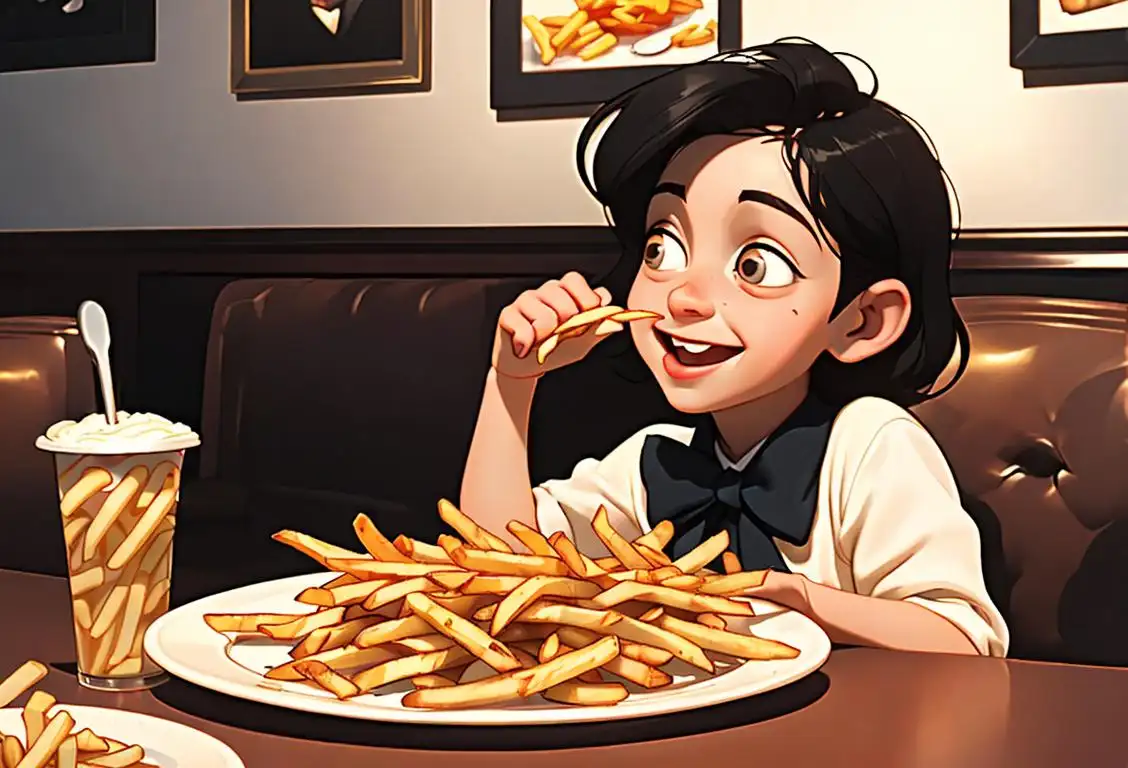 A happy child sharing a plate of golden, crispy french fries with friends, dressed in retro 50s fashion, at a bustling American diner..