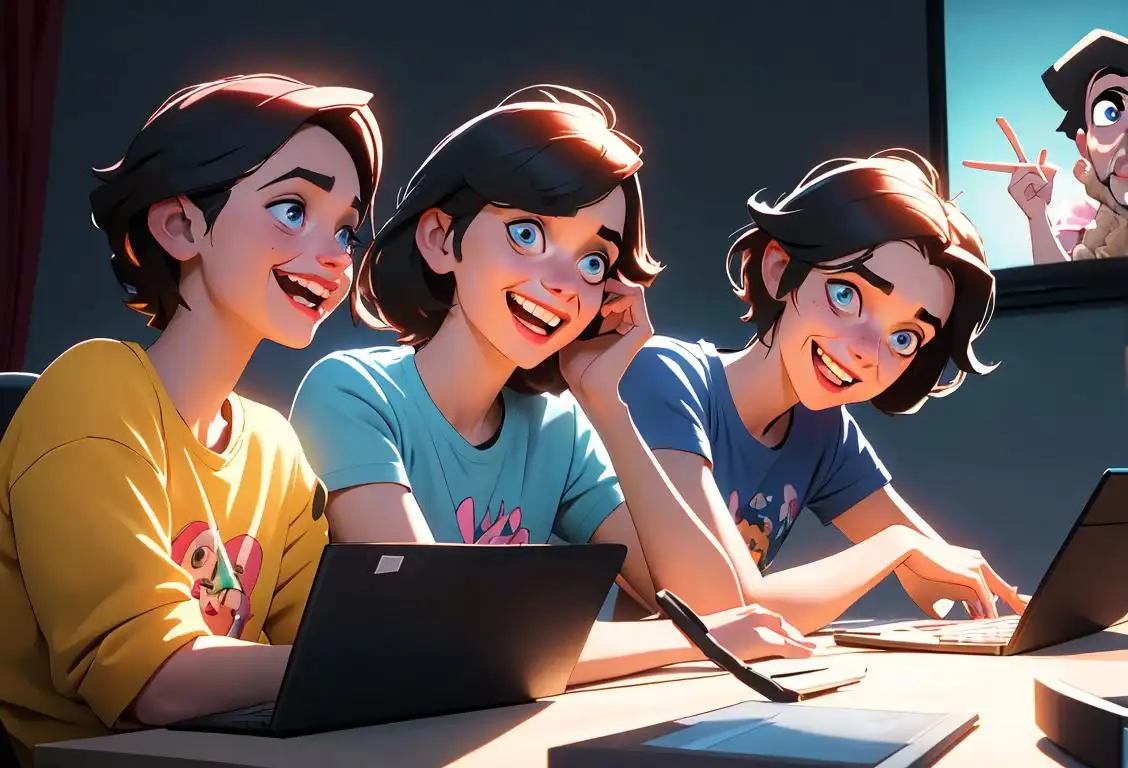 Three young adults sitting at a computer, wearing casual attire, in a brightly lit room, laughing and enjoying a wholesome internet browsing session..
