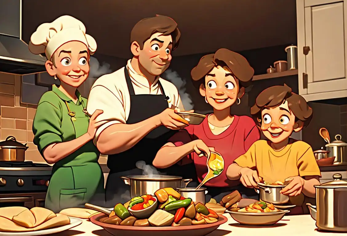 A cozy kitchen scene with a pot of steaming gumbo on the stove, filled with colorful ingredients, surrounded by smiling family members ready to dig in..