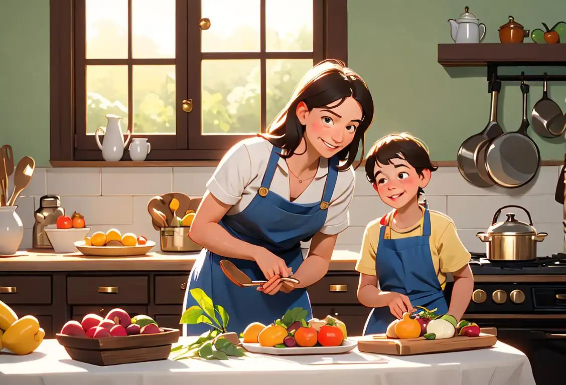 Smiling family gathered around a table, wearing matching aprons, preparing farm fresh produce in a sunny kitchen..