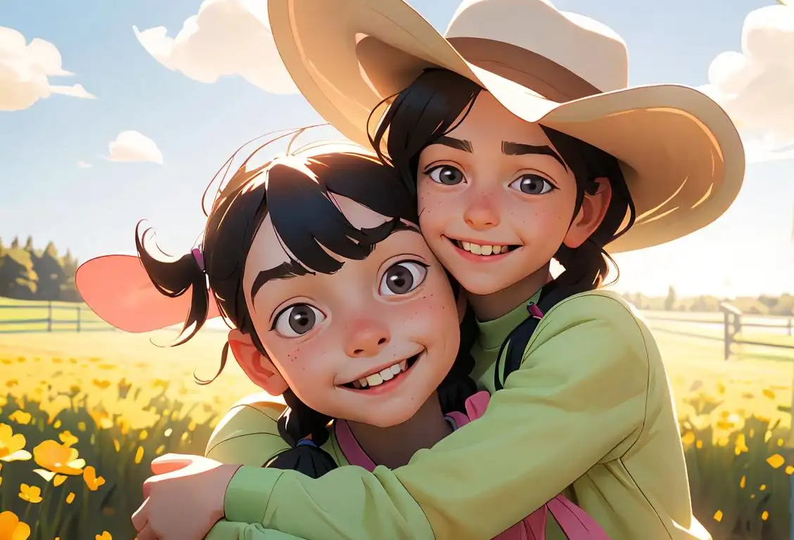 A smiling child with pigtails, wearing a cowboy hat, hugging a horse in a open, sunny field..