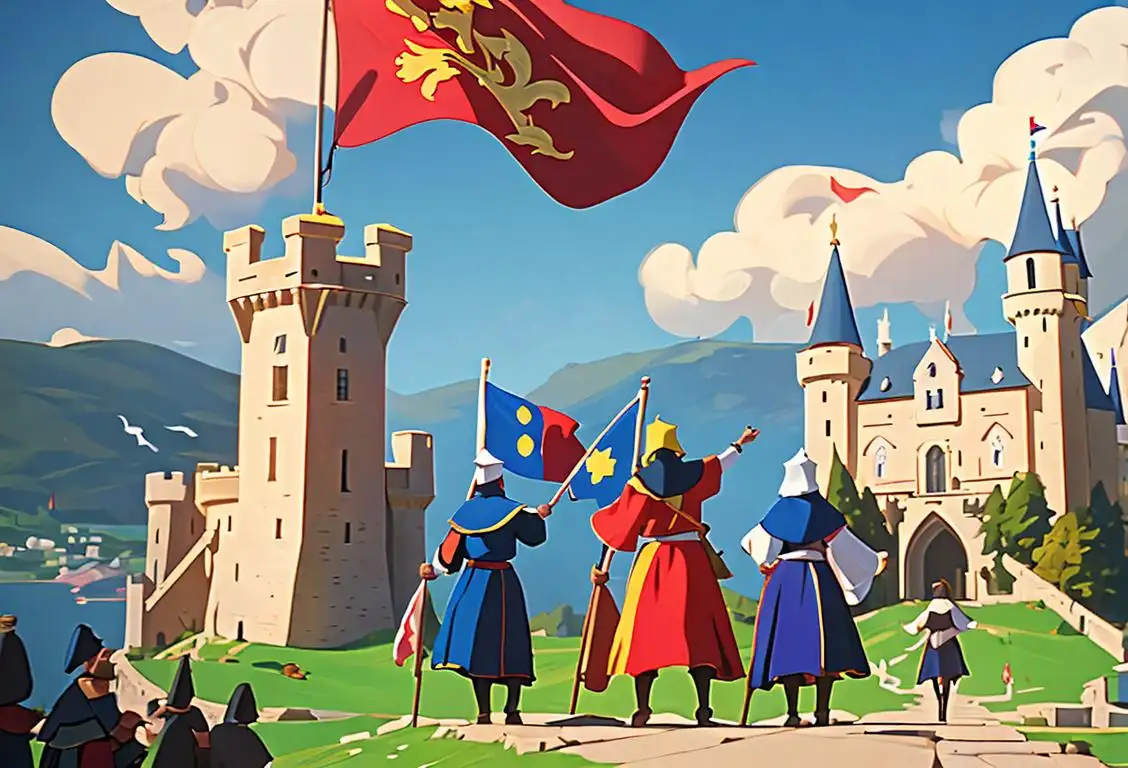 A group of people dressed in medieval garb waving colorful flags atop a castle tower against a scenic backdrop..