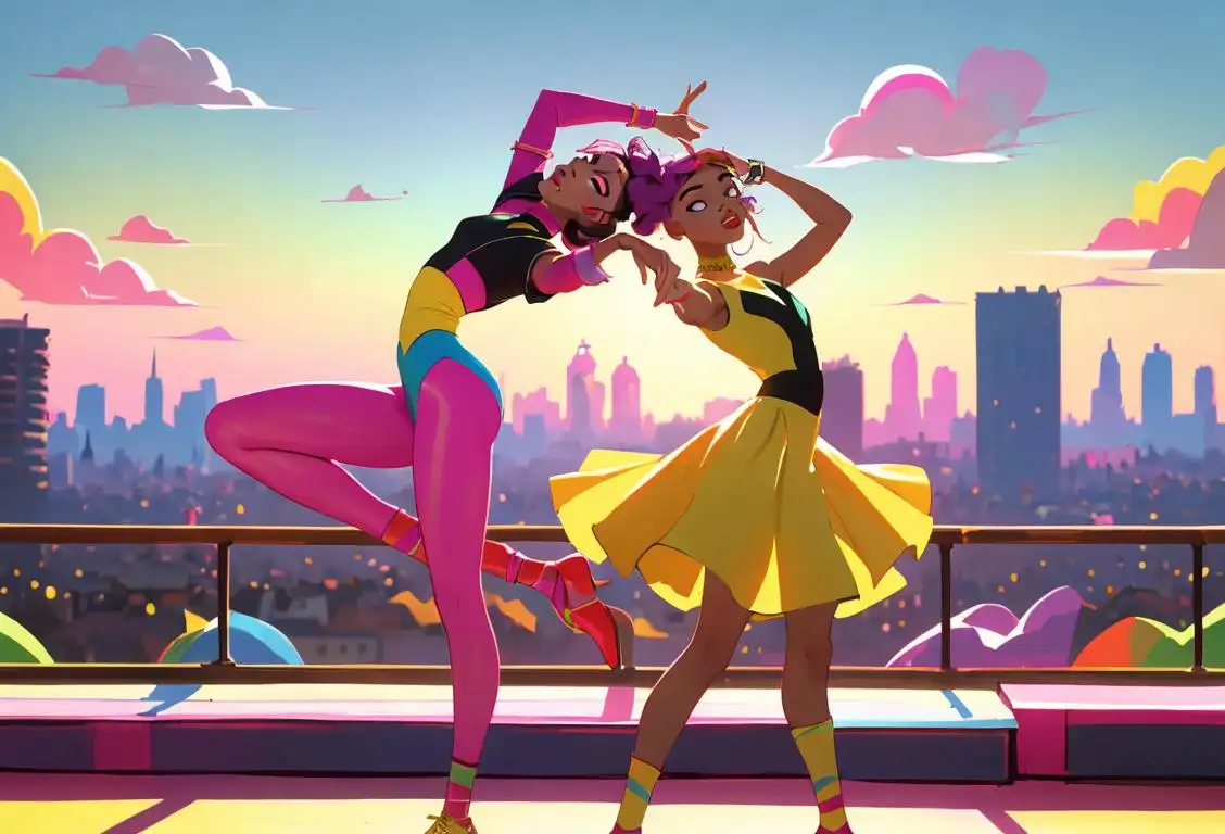 Young dancers, hip and trendy, dressed in colorful outfits, doing the dabbing dance move, against a vibrant cityscape backdrop..