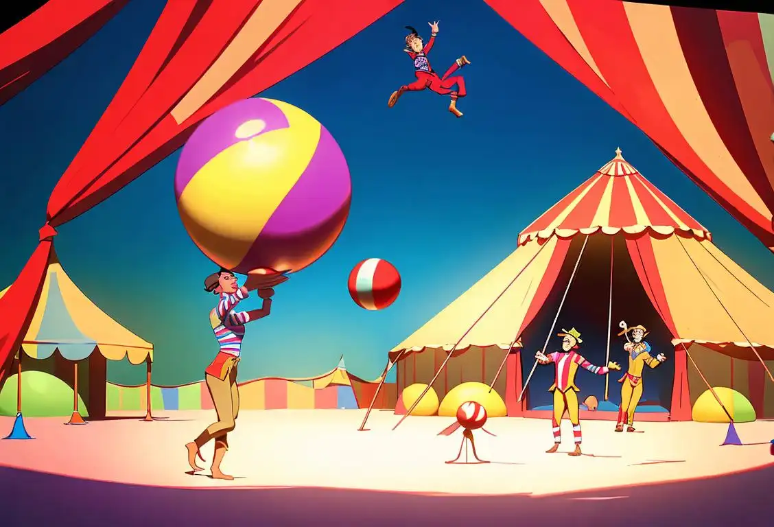 Colorful circus performer juggling balls in a vibrant big top tent, wearing traditional circus attire, amidst an exciting circus backdrop..
