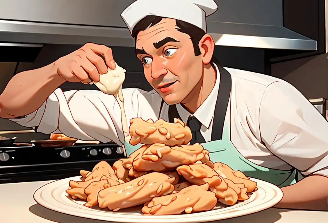 Person enthusiastically drizzling tangy ranch dressing on a plate of crispy chicken tenders, wearing a classic chef's apron in a vibrant kitchen..