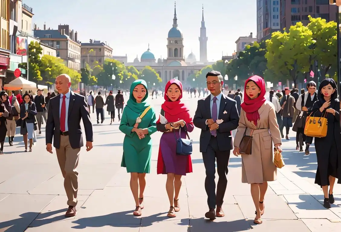 A multicultural group of diverse people walking through a bustling cityscape, representing the vibrant and diverse capital cities celebrated on National Capital Day..