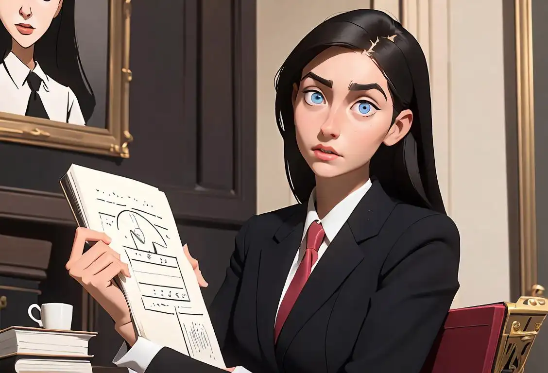 Young woman with a sincere expression, dressed in business attire, office setting, surrounded by truth-related props (ie: truth meter, truth book).