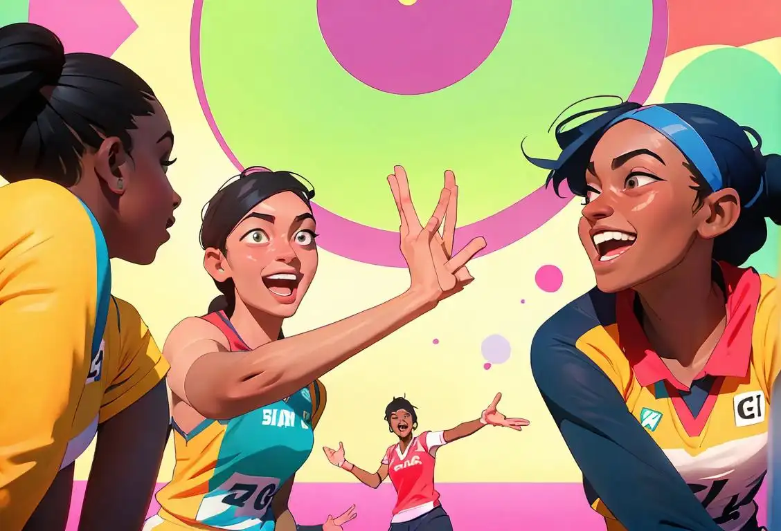 A group of diverse netball players in colorful uniforms, high-fiving and smiling, on a vibrant court with supporters cheering in the background..
