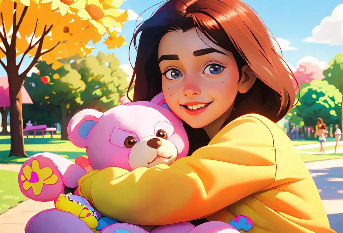 Happy young girl holding a cuddly teddy bear, wearing colorful clothes, in a sunny park setting..