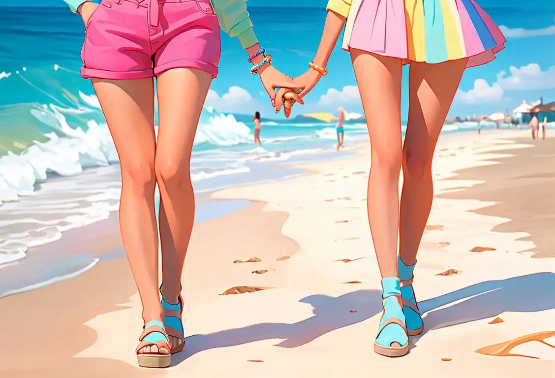 Two smiling best friends, holding hands and walking on a colorful beach boardwalk, wearing trendy summer outfits with sunglasses and carrying ice cream cones..