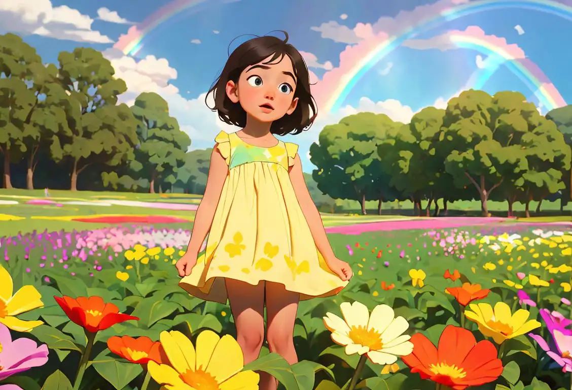 Young child gazing up in wonder at a vibrant rainbow, surrounded by lush green fields and blooming flowers, wearing a colorful sundress, summer fashion, garden setting..