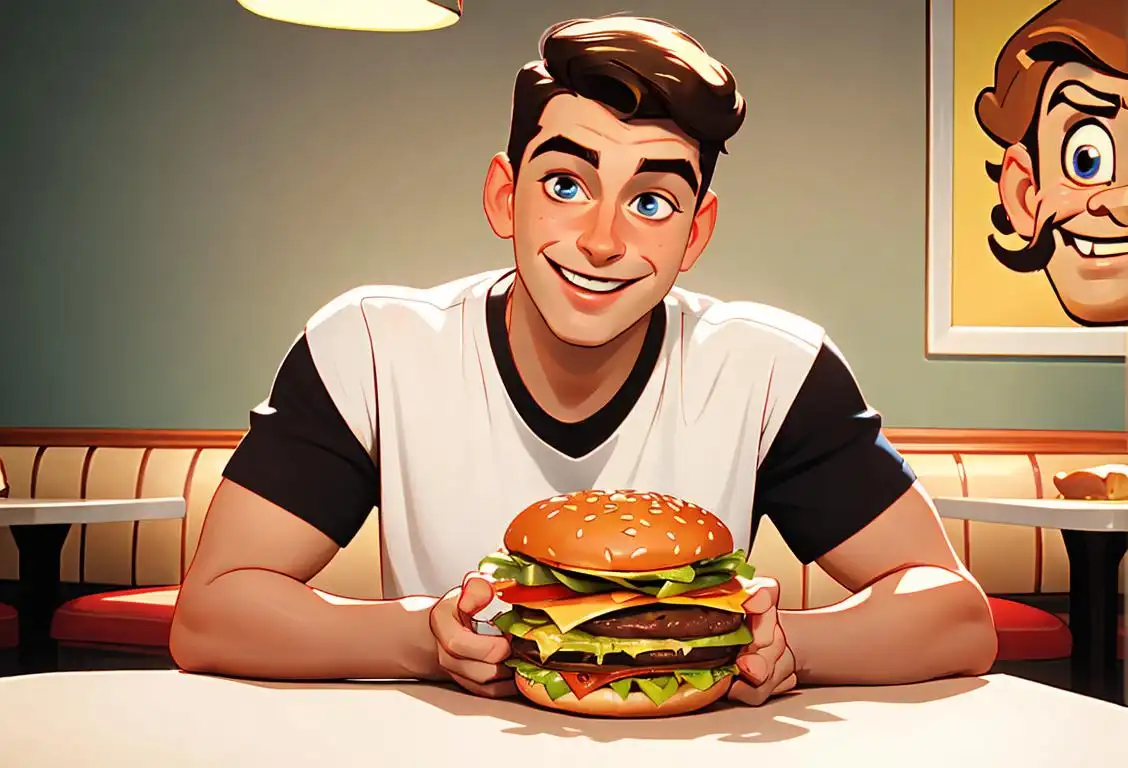 Young man with a wide smile, wearing a classic hamburger-themed t-shirt, vintage diner setting..