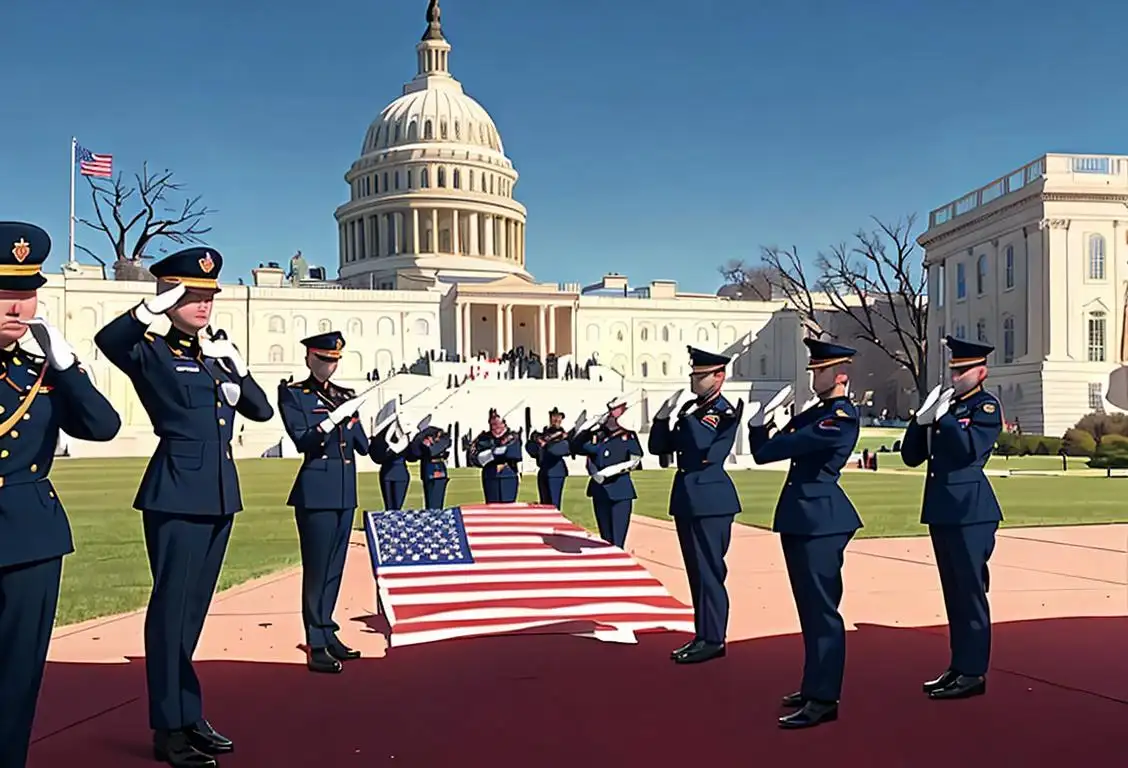 Group of National Guard soldiers in uniform, saluting with American flags, standing in front of the US Capitol building..