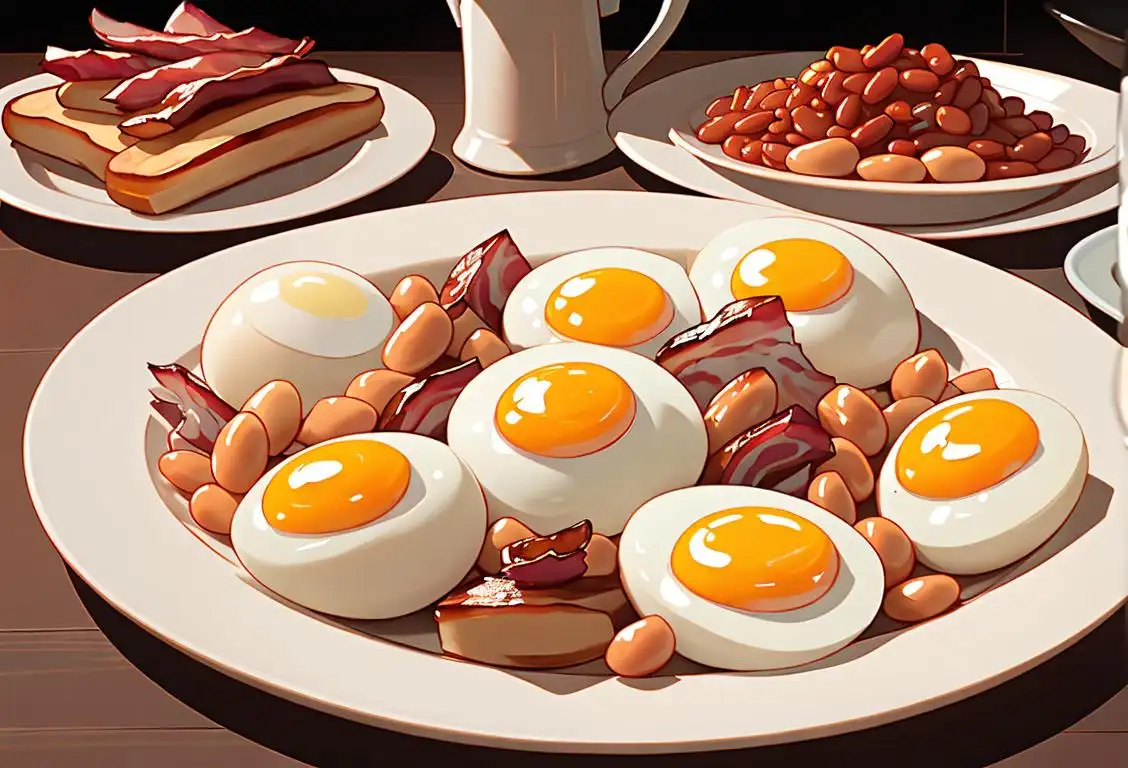 A platter of a traditional British Full English breakfast, with crispy bacon, perfectly cooked eggs, and a side of baked beans. A cozy kitchen with a breakfast scene in the background..