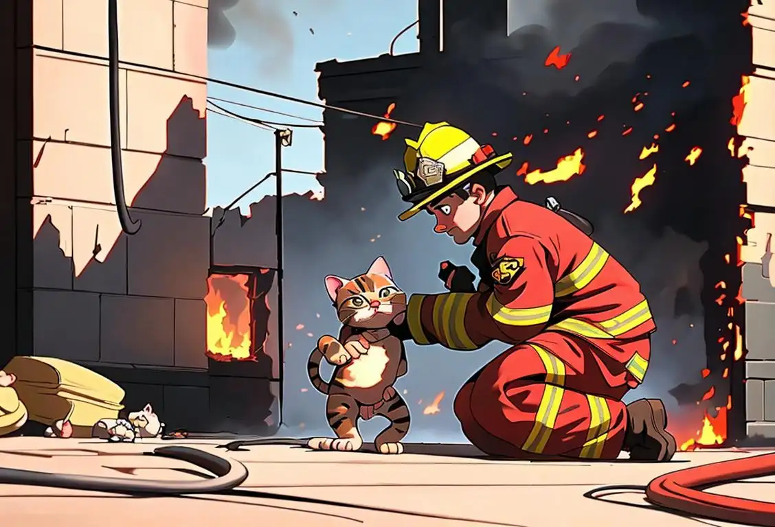 A brave firefighter in full gear saving a kitten from a burning building, surrounded by a supportive community..