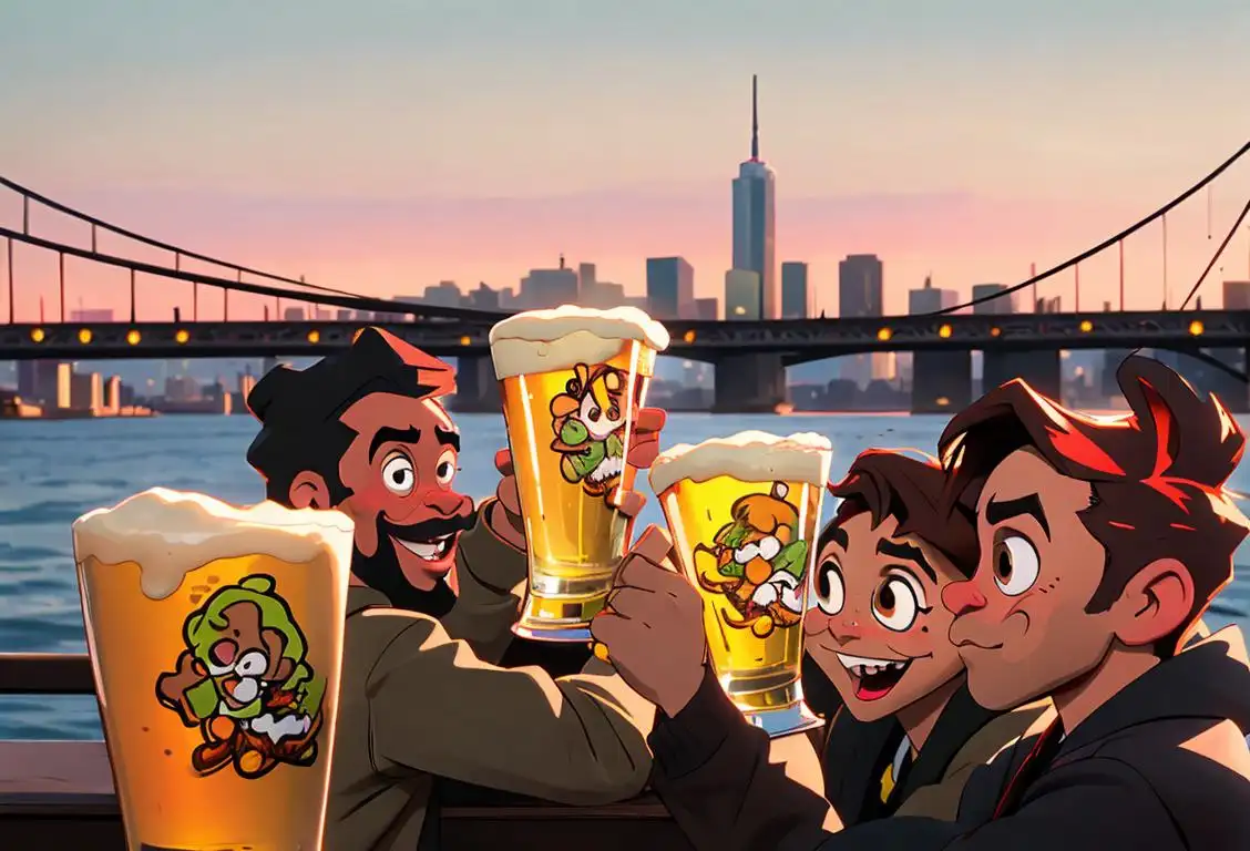 A group of friends raising their glasses to toast National Sculpin IPA Day, wearing casual outdoor attire, vibrant city skyline in the background..