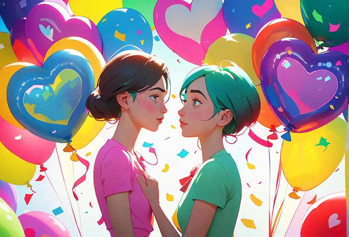 Two people standing side by side, arms around each other, wearing matching friendship bracelets, surrounded by colorful balloons and confetti..
