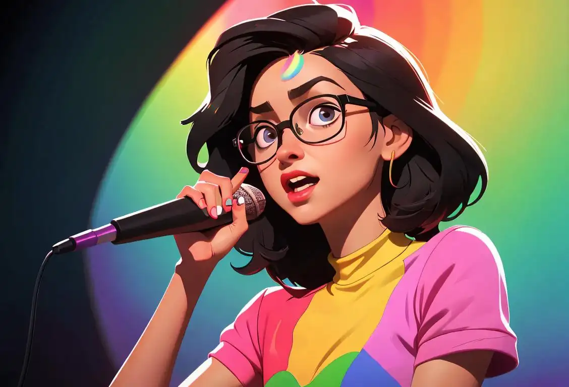 Happy young woman, wearing glasses, holding a microphone, in front of a diverse audience. Microphone colors include all the colors of the rainbow, representing National Ask Day..