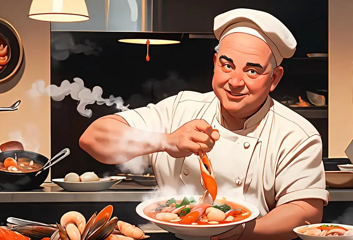 A cheerful chef holding a steaming bowl of bouillabaisse, wearing a chef's hat and apron, in a bustling seafood restaurant..