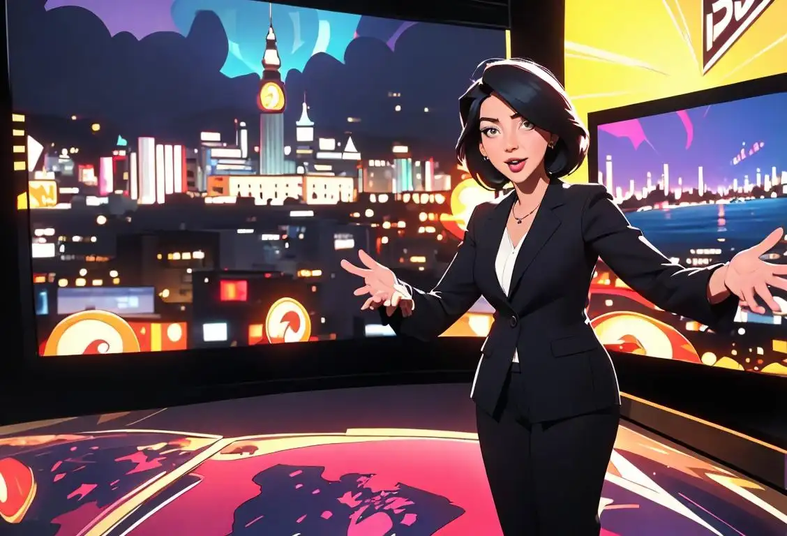 A charismatic TV host, in a trendy outfit, passionately sharing stories with a backdrop of a bustling newsroom and vibrant cityscape..