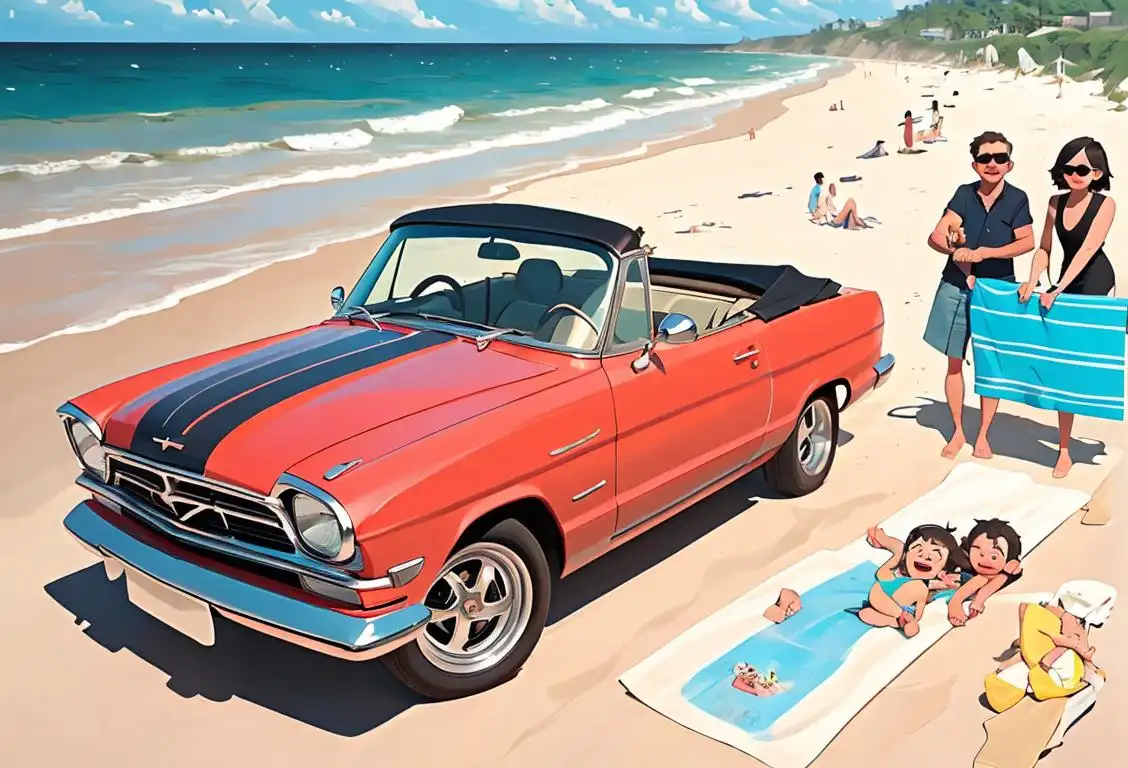 A family of four in a convertible car, sunglasses on, embracing the freedom of the open road. Seaside setting, beach towels draped over the seats, ready for a fun-filled adventure on National Highway Per Day!.